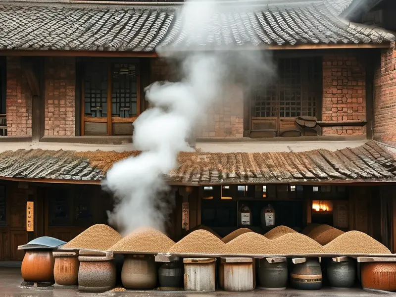 传统酿酒厂实景工作照展示发酵过程