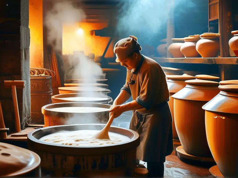 传统酿酒工艺中的原料发酵与蒸馏过程实景