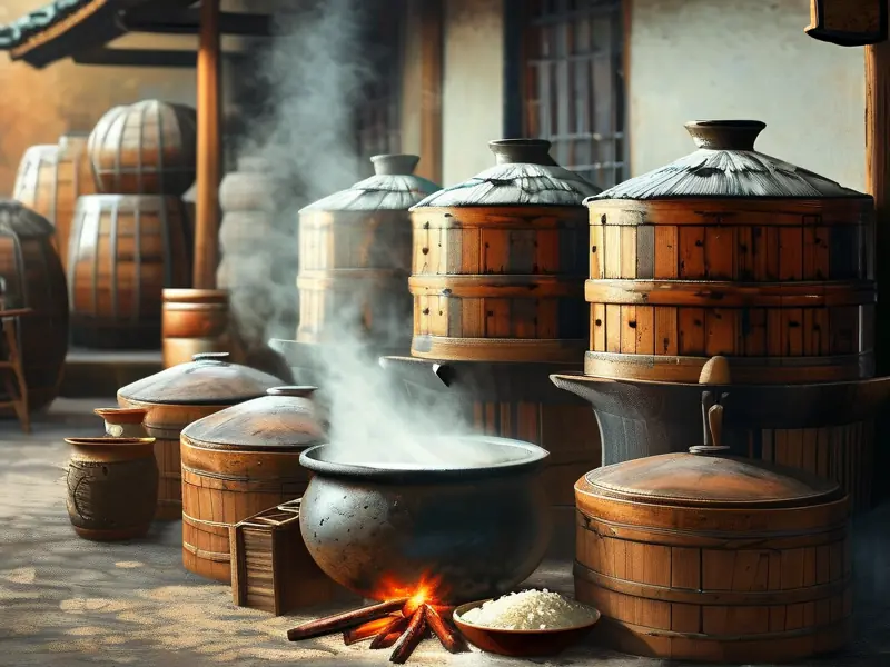 农村传统蒸酒过程实景图