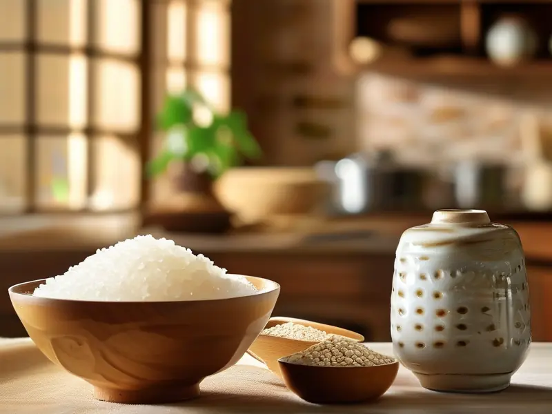 自制甜酒成品与原料展示