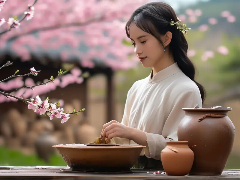 李子柒传统方法酿制桃花酒场景实拍
