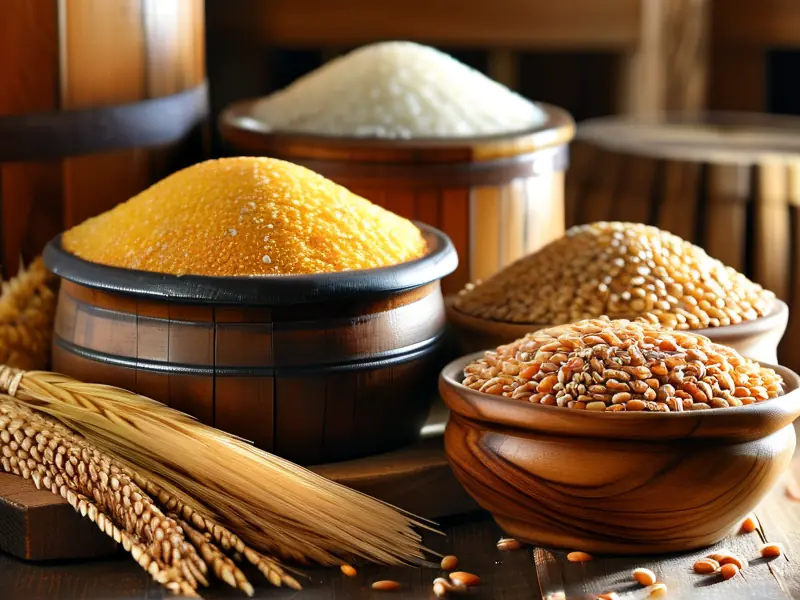 常见酿酒粮食原料展示:高粱、大米、玉米、小麦