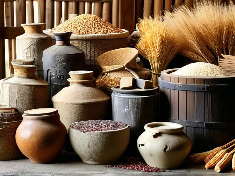 纯粮酿造白酒的原料和传统工具展示
