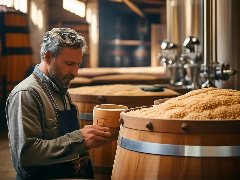 酿酒师检查白酒发酵过程