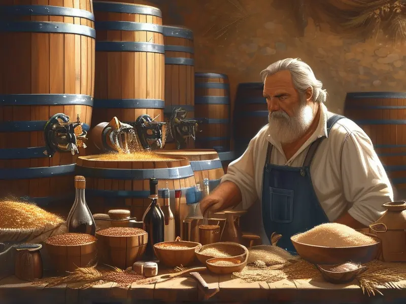 酿酒师检查发酵桶中的酒液