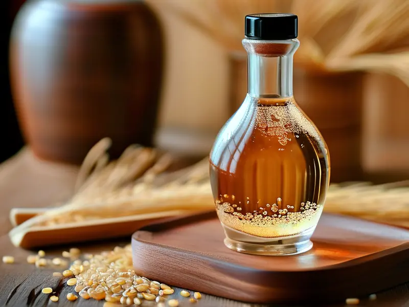 纯粮酿造的酒在玻璃杯中展示，背景有高粱和大米等原料