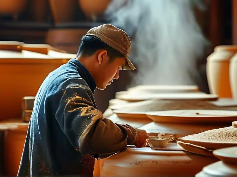传统酱香白酒酿造作坊现场，工人正在搅拌酒醅