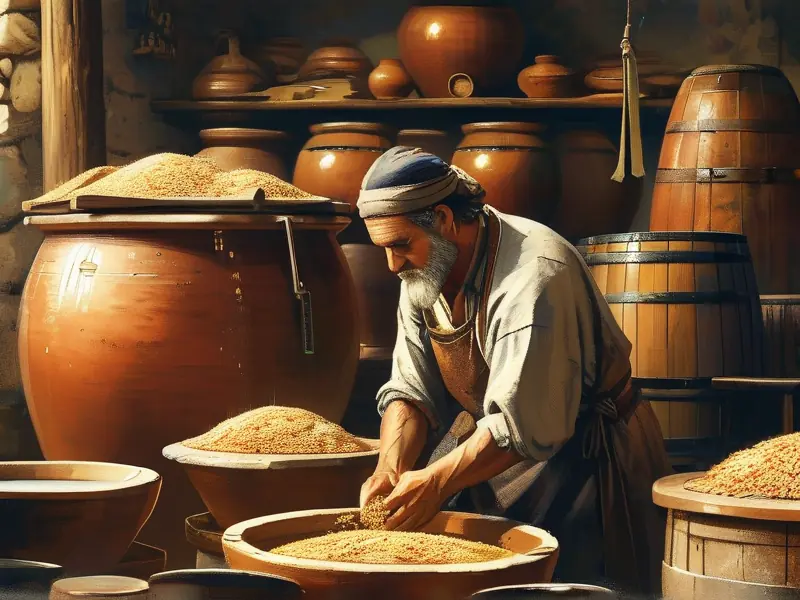 古代工匠使用传统器具酿造酒类的场景