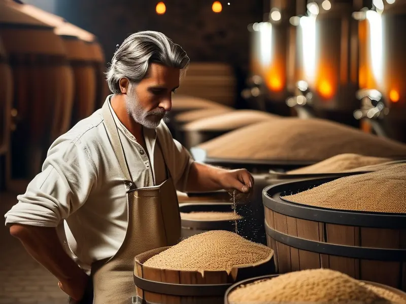 酿酒师检查粮食酒发酵过程