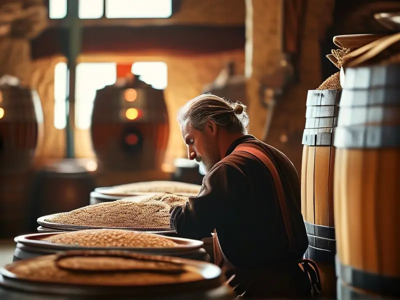 酿酒师检查纯粮食酒发酵过程