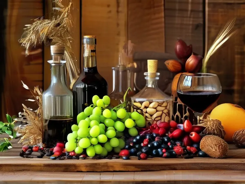 酿酒原料展示：谷物、水果和酵母