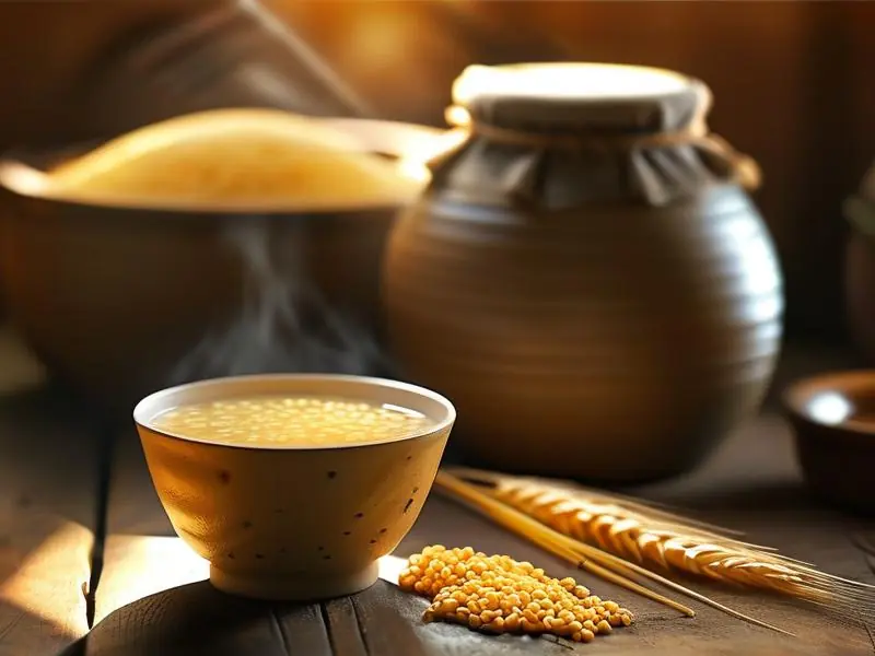 传统方法制作的小米酒成品与原料展示