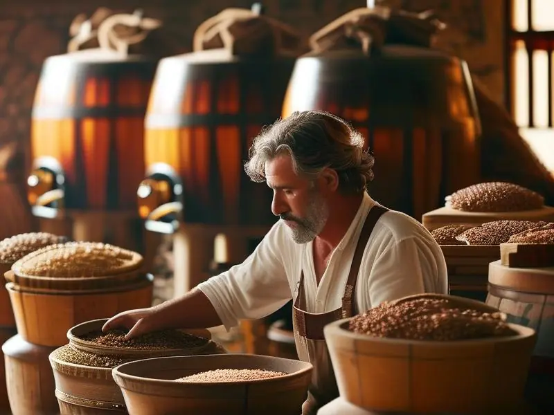 酿酒师检查自酿白酒发酵过程