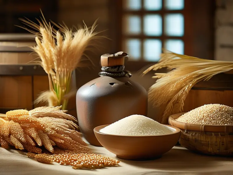 浓香型白酒酿造原料展示：高粱、小麦、玉米、大米等谷物