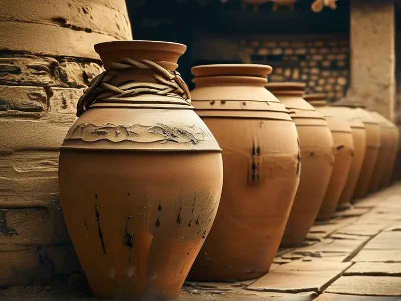 古代人使用传统器具酿造酒的过程