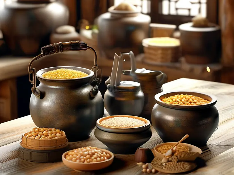 传统白酒酿造原料展示：高粱、大米、玉米及酿酒工具